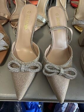Dream Pairs Glitter Champagne Pointed-Toe Slingback Heels with Crystal Bow